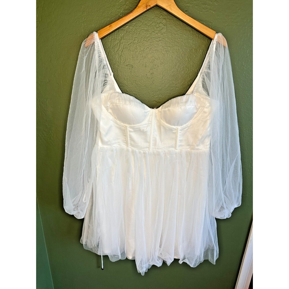 NWT Selfie Leslie Fairytale Dream XXL white mini dress sheer puff sleeve bridal - Picture 3 of 8